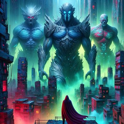 The primary subject of the image is a man standing on a bridge, wearing a red cape. The setting is a futuristic city with a backdrop of tall buildings and a sky filled with clouds. The visual style is digital art, creating a vibrant and dynamic scene. The colors and mood of the image are predominantly red and blue, giving it a bold and dramatic atmosphere.
